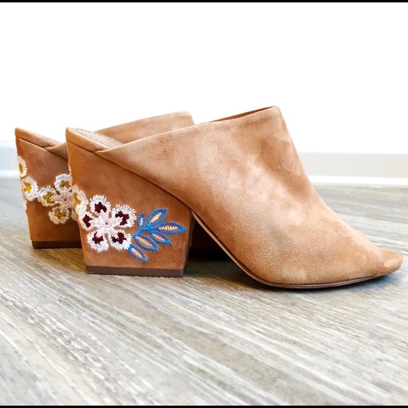 Tory Burch Shoes - Tory Burch Suede Embroidered Floral Mules Peep Toe